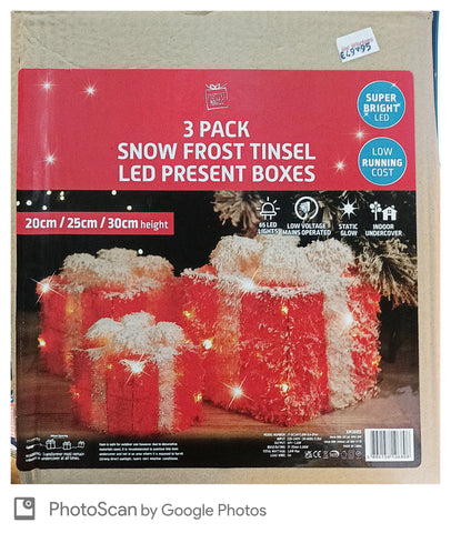 3 PACK SNOW FROST TINSEL LED PRESENT BOXES