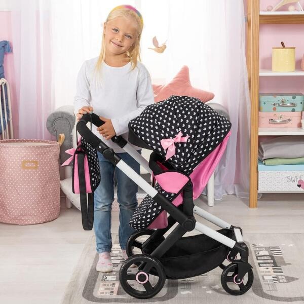 COMBI DOLLS PRAM XEO - BLACK & PINK WITH WHITE STARS