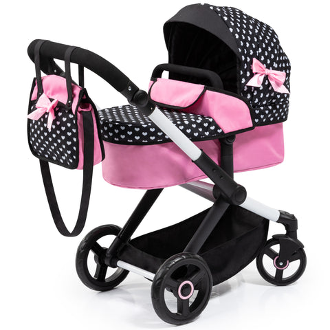 COMBI DOLLS PRAM XEO - BLACK & PINK WITH WHITE STARS