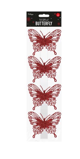 4 CHRISTMAS RED OR SILVER GLITTERED BUTTERFLIES