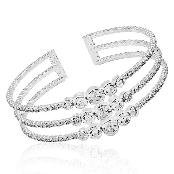 Bling Three Tier Cuff Bangle (Silver Plated)