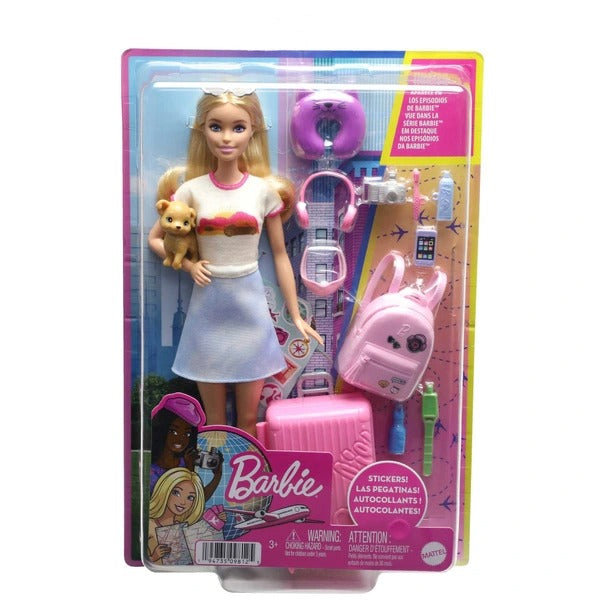 BARBIE TRAVEL DOLL WITH DOG AND HOLIDAY ACCESSORIES