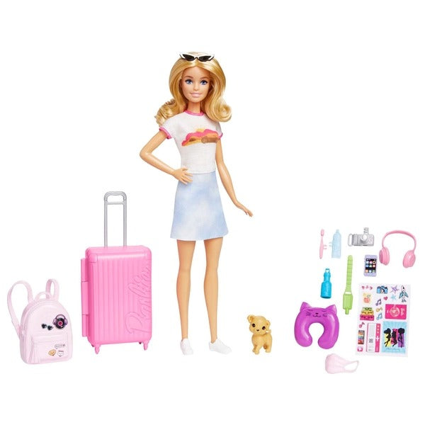 BARBIE TRAVEL DOLL WITH DOG AND HOLIDAY ACCESSORIES