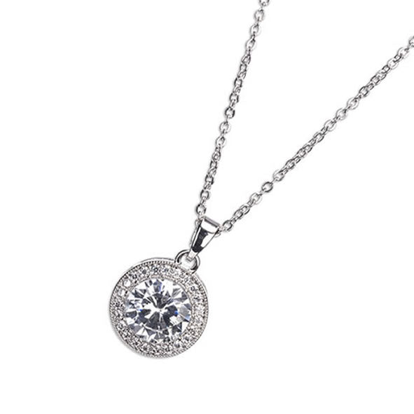 White Stone & Diamante Pendant Necklace (Silver)