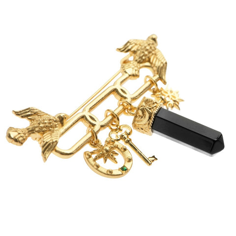 NEWBRIDGE SILVERWARE GOLD PLATED BROOCH WITH BIRDS AND CHARMS