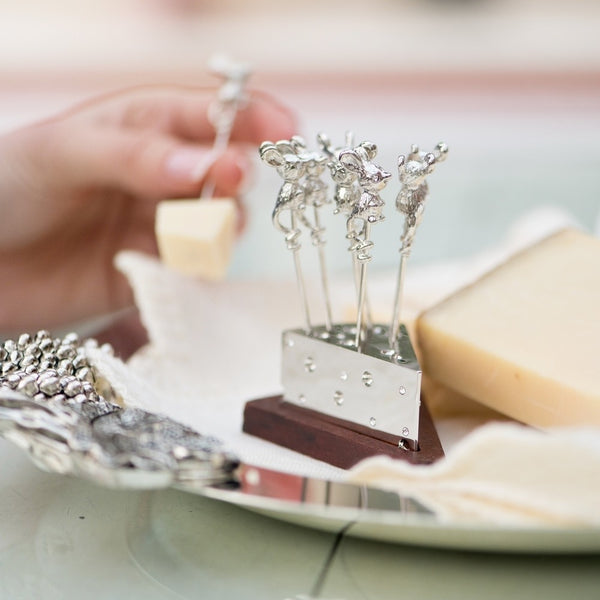 NEWBRIDGE SILVERWARE MICE CHEESE PICKS ON STAND