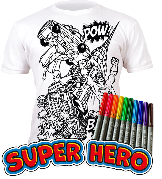 SUPER HERO DESIGN SPLAT T-SHIRT - LARGE (AGED 7-8)