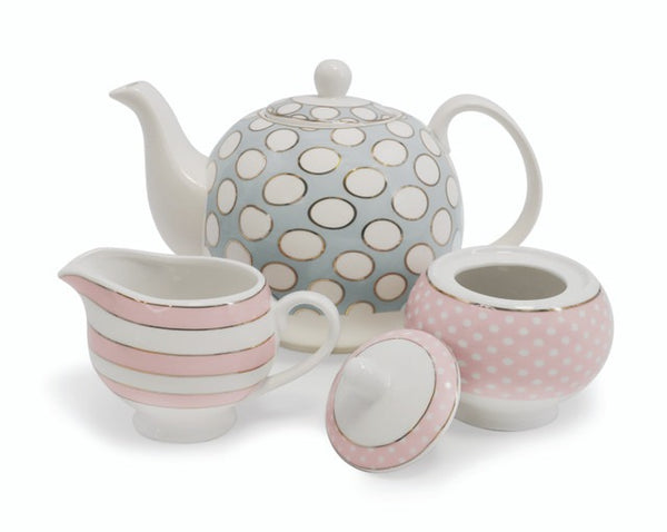 SPOTS & STRIPES TEAPOT, SUGAR & CREAMER SET