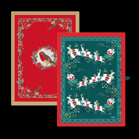 S/2 Tea-Towels - Santa Sleigh & Robin